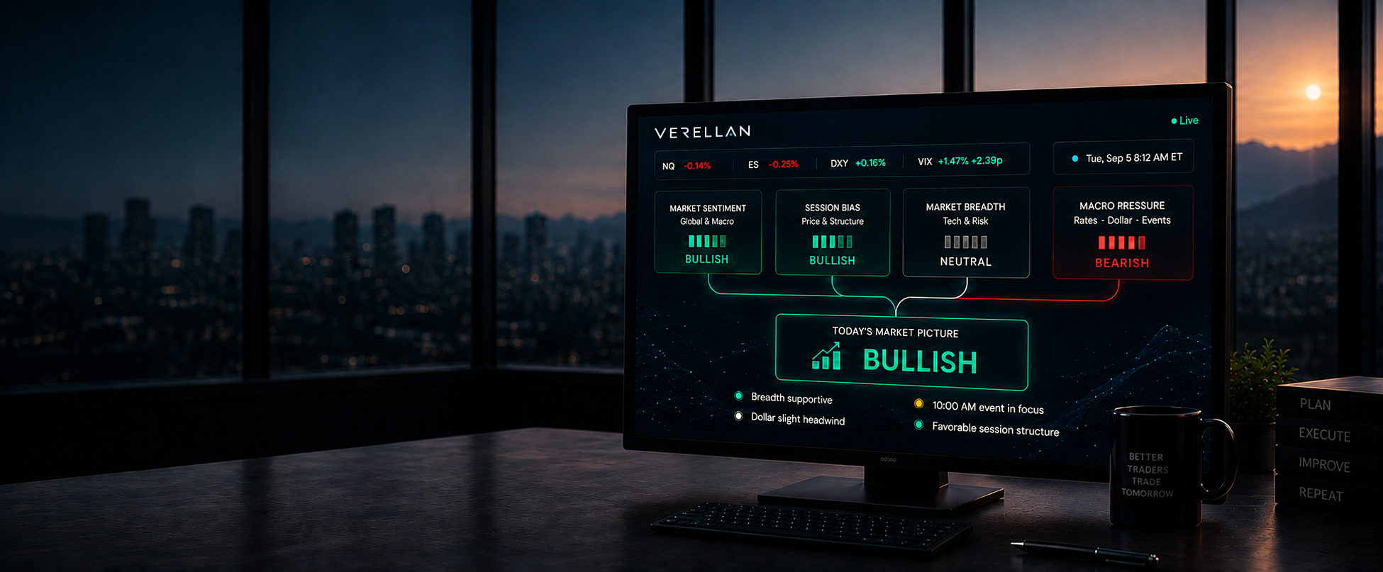 Verellan's illustrative market dashboard on a monitor in a dark office overlooking mountains at sunrise.